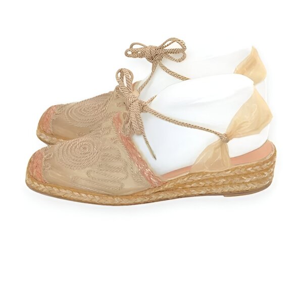Stuart Weitzman Camel Tan Embroidered Mesh Lace Slingback Espadrilles Sandals 8 - Picture 5 of 10